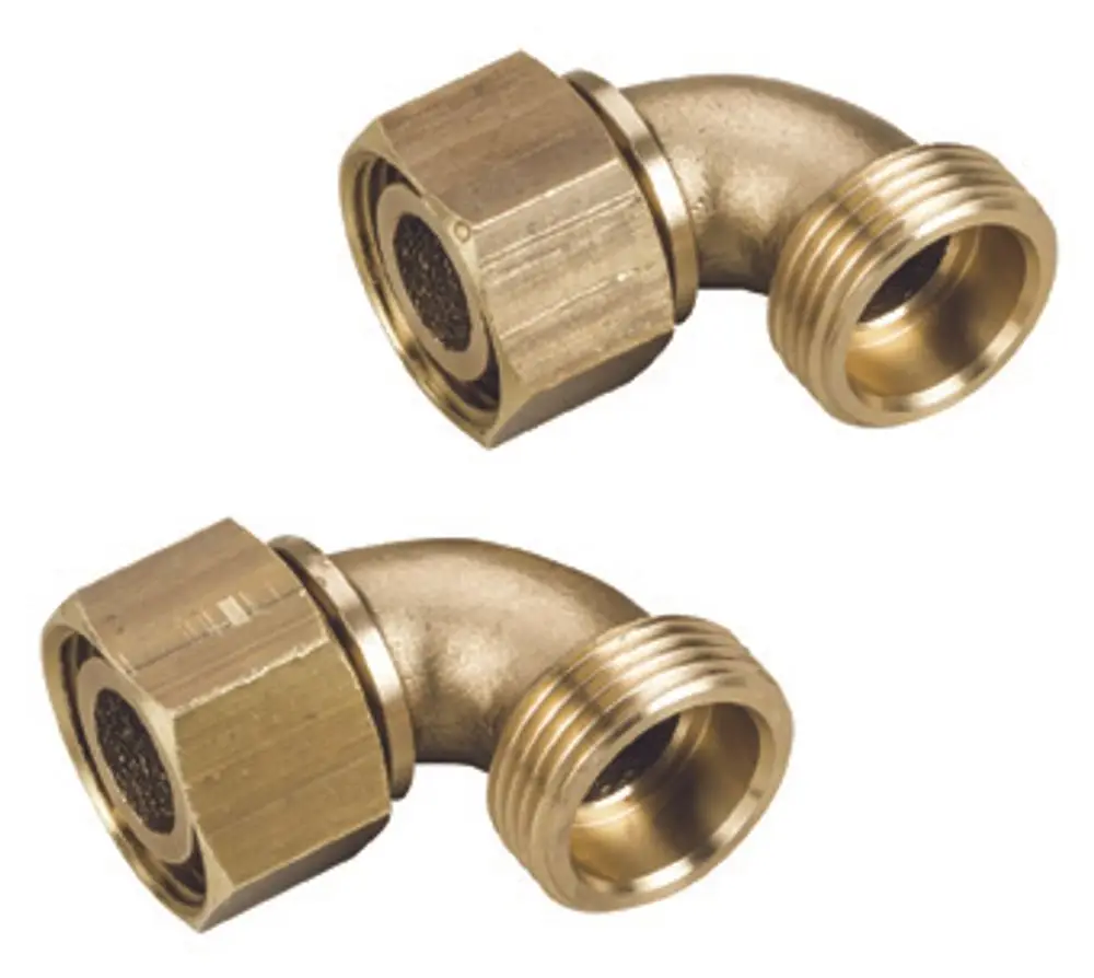 Anschlusswinkel von Grünbeck mit 90-Grad-Biegung, ausgestattet mit einer Schraubverbindung für den Anschluss von Rohren. Abgebildet sind zwei Stück.